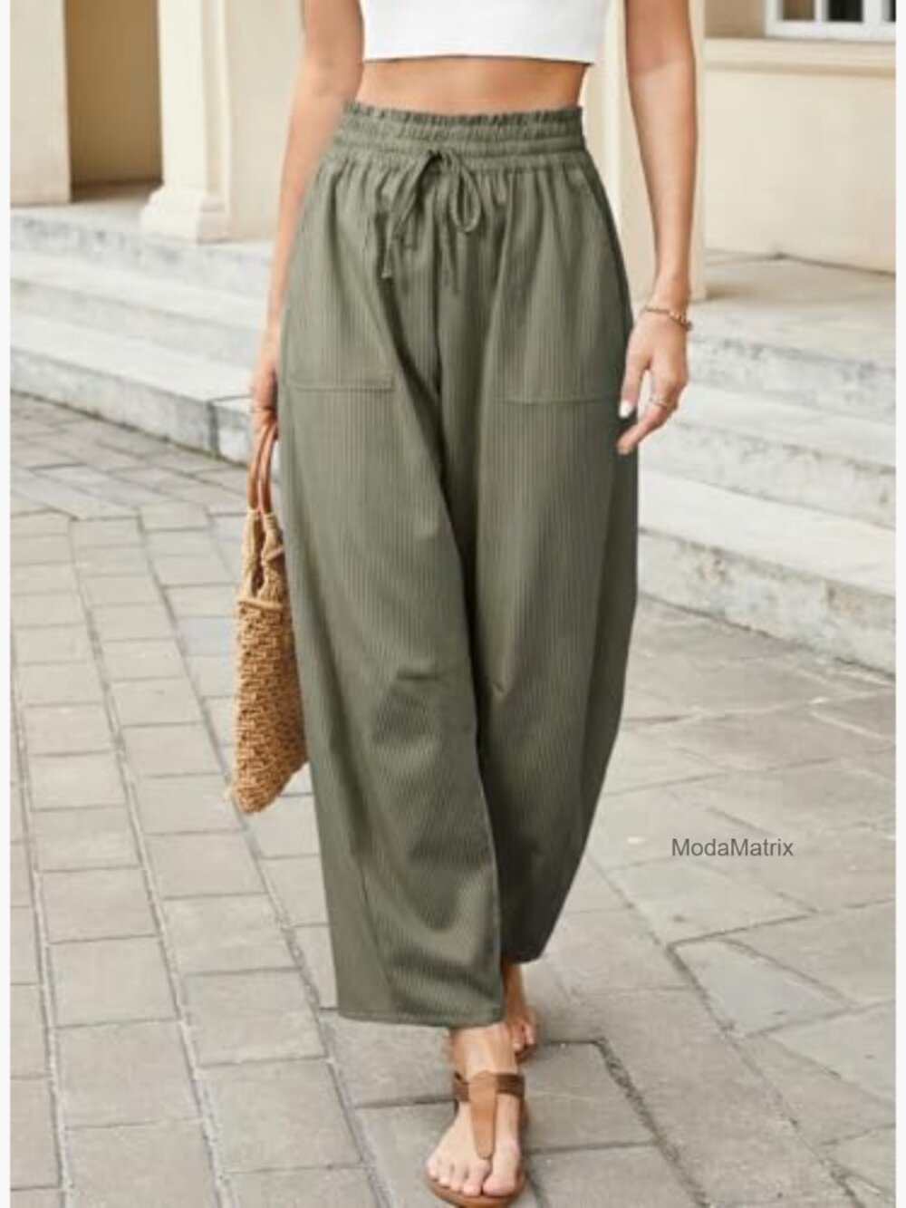 High Waisted Striped Barrel Casual Pants Drawstring Trousers - Picture 5 of 7